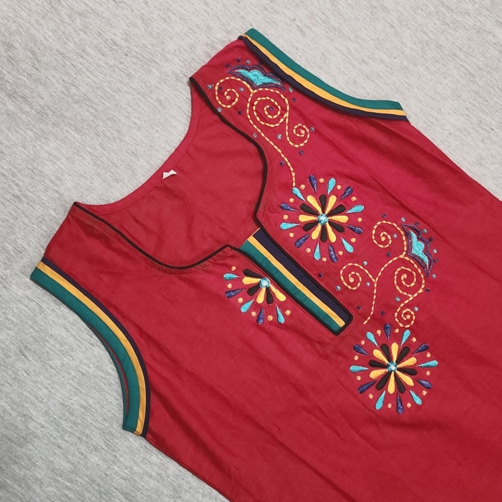 Indian Handmade Red Cotton Embroidered Kurta Tunic Summer Tank Top Blouse Shirt